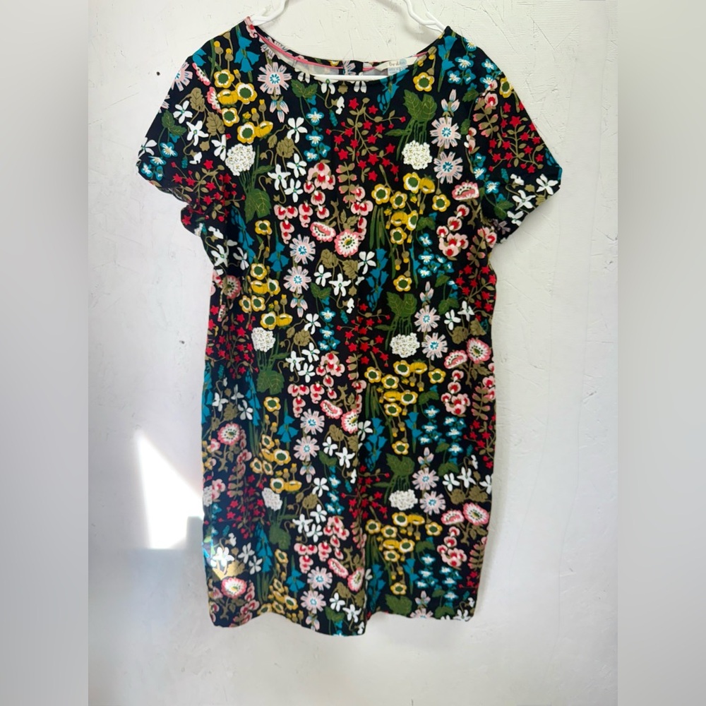 Boden Black Floral Dress with Red and Green Accents